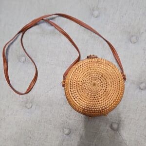 Round Woven Tan Crossbody Bag